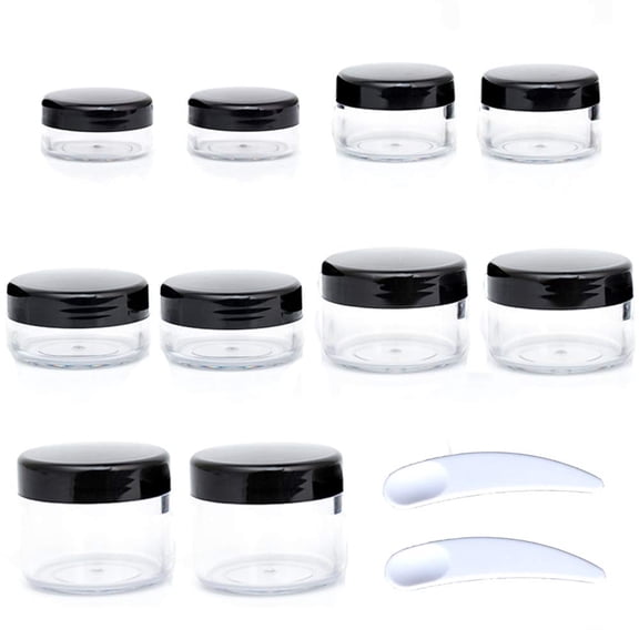 RAGUPEL 10Pcs Small Travel Containers,Black Sample Jars with Screw Lids,5 Size 3/5/10/15/20 Gram,12Pcs Labels and 2Pcs Mini Disposable Spatula,Makeup Sample Containers Bpa Free