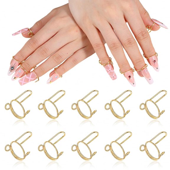 RAGUPEL 10Pcs Wudu Nail Rings with Nails Attached, Gold Adjustable Metal Nail Rings for Women, Reusable Detachable Fingernail Ring, Perfect for Nail Art Set