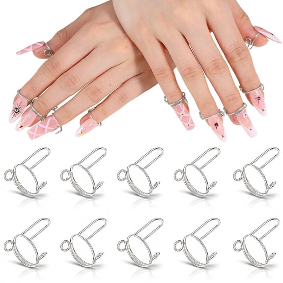 RAGUPEL 10Pcs Wudu Nail Rings with Nails Attached, Silver Adjustable Metal Nail Rings for Women, Reusable Detachable Fingernail Ring, Perfect for Nail Art Set
