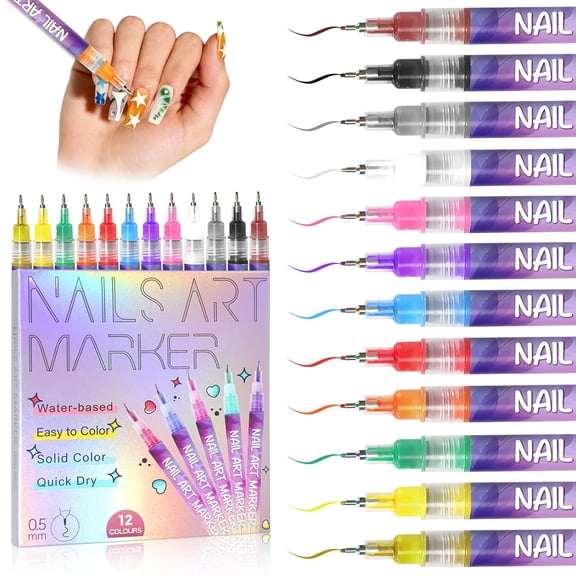 RAGUPEL 12 Colors Nail Art Marker Pens Set, Nail Markers for Nail Art, Suitable for Nail Art, Nail Painting, and Artistic Decorations; Suitable for Both Children and Adults. (12 Colors)