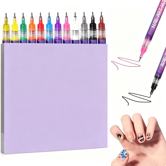 RAGUPEL 12 Colors Nail Art Marker Pens Sets, 0.5Mm Fine Tip Gel Nail Polish Pens, 3D Nail Art Set for Artistic Decorations & Manicure, Quick-Drying Graffiti Dotting Point Liner Pens