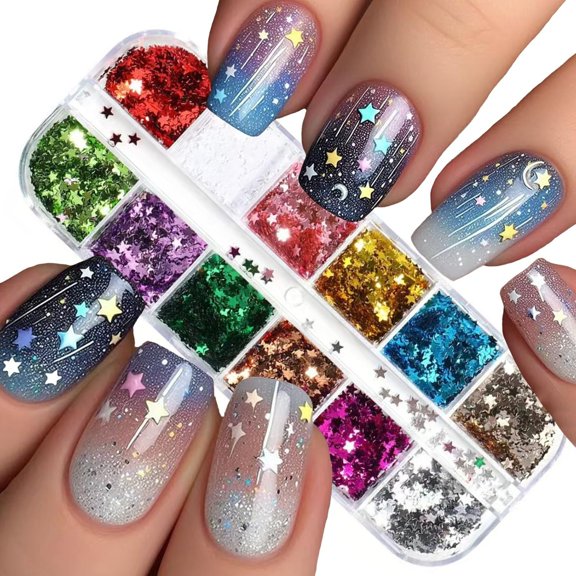 RAGUPEL 12 Colors Nail Glitters Sequins,3D Holographic Laser Star Nail Flakes Sparkly Star Nail Decals Nail Art Design Decor for Women Girls Diy Decorations Charms
