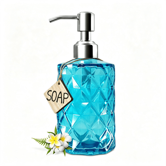 RAGUPEL 12 Oz Diamond Design Soap Dispenser with Rust Proof Soap Pump | Kitchen Soap Dispenser for Bathroom, Hand Soap, Dish Soap Blue Soap Dispenser (Clear Blue).