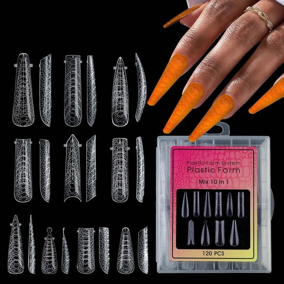 RAGUPEL 120 Pcs/Box Poly Extension Gel Dual Nail Form 3D Snake Pattern Dual Nail Forms 10 Shapes Full Cover Nail Molds Nail Extension Forms for Quick Building Extension False Nails Art Tips