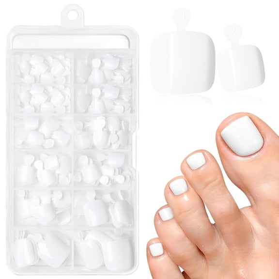 RAGUPEL 120Pcs Press on Toenails for Women,White Toe Press on Nails Fake Toe Nail Tips Square Fake Toenails in 12 Sizes Full Cover Acrylic Toenail with Adhesive Tabs