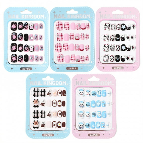 RAGUPEL 120Pcs Press on Nails for Kids,Cute Cartoons Kids Fake Nails,Short Square and Round Style Press on Nails,Style2