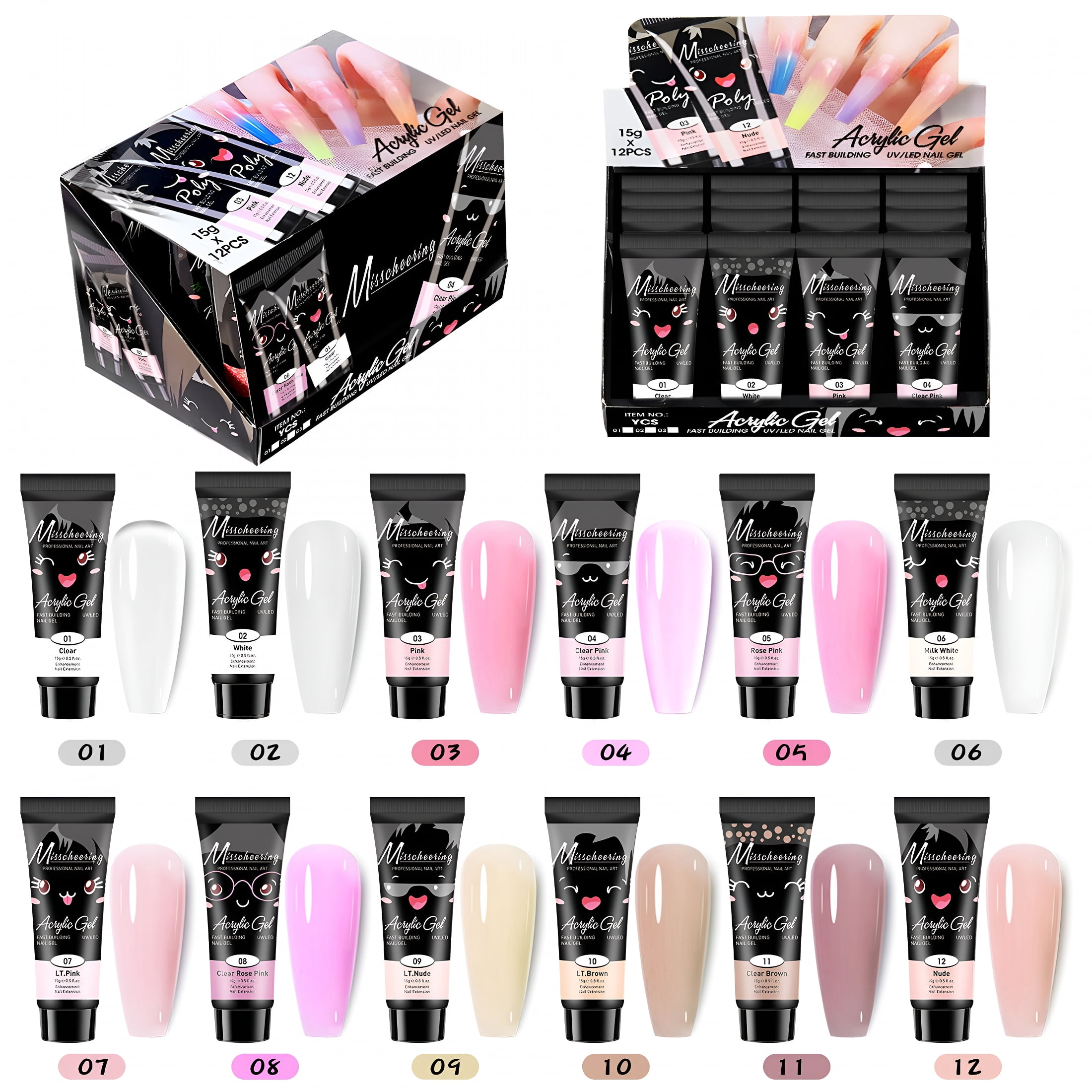 RAGUPEL 12Pcs Nail Poly Gel Set, Extension Nail Builder Kit Enhancement Manicure Tool Nail Decoration