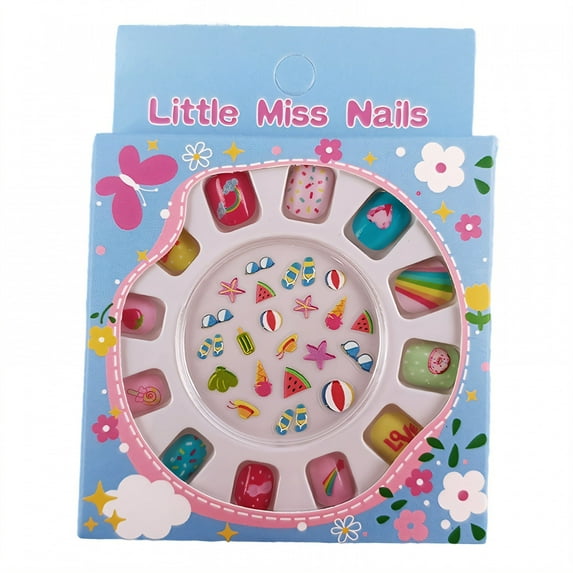 RAGUPEL 12Pcs Press on Nails for Kids,Rainbow Pattern Fake Nails for Kids,Press on Nails with Watermelon Ice Cream Stickers,Style1