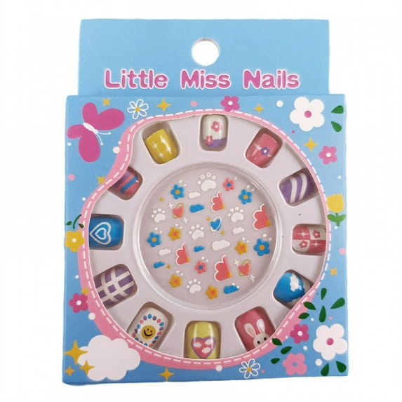 RAGUPEL 12Pcs Press on Nails for Kids,Short Square and Round Kids Nails Set for Girls,False Nails with Cloud and Flower Stickers,Style4