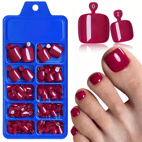 RAGUPEL 144Pc Dark Red Press on Toenails Women Toe Nail Press Ons,Red Toe Press on Nails Fake Toenails Square Fake Toes Nails Tips Glue on Toenail False Nail Feet Stick Acrylic Toes Nail Kit