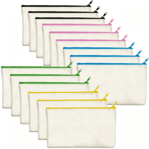 RAGUPEL 15 Pack Blank Cotton Canvas Diy Craft Zipper Bags Pouches Pencil Case for Makeup Cosmetic Toiletry Stationary Storage Canvas Bag with Zipper Canvas Zipper Pouch