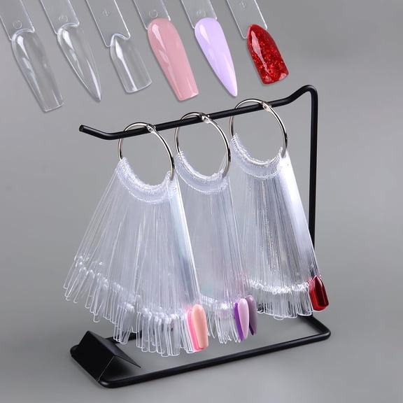 RAGUPEL 150 Pcs Nail Swatch Sticks with Ring & Nail Art Display Stand Storage Rack,Clear Ballerina Square Stiletto Nail Art Polish Color Display Practice Tips,Nail Tech Supplies for Home