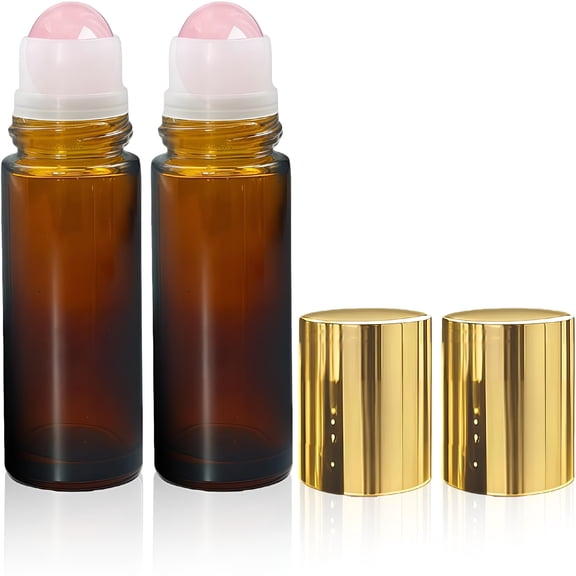 RAGUPEL 2 Pack 50Ml Amber Glass Roll On Bottles With Rose Quartz Roller Ball Leak Proof Essential Oil Perfume Refillable Travel Containers