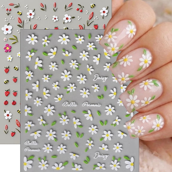 RAGUPEL 2 Sheets 5D Flower Nail Art Stickers Decals Embossed Daisy Nail Decals Bee Ladybug Strawberry Design Cute Nail Stickers Spring Summer Floral Nail Design Decoration Supplies