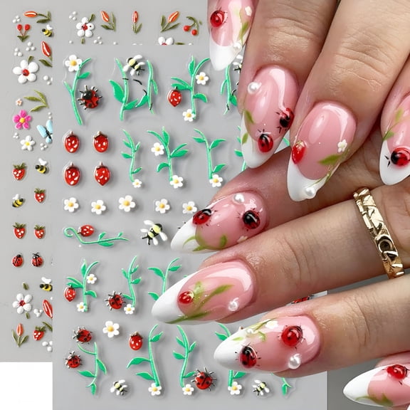 RAGUPEL 2 Sheets Ladybug Nail Stickers Spring Summer Flower Nail Decals 5D Embossed Bee Butterfly Strawberry Nail Art Stickers Self-Adhesive Cute Ladybug Nail Design Sticker for Manicure Decoration