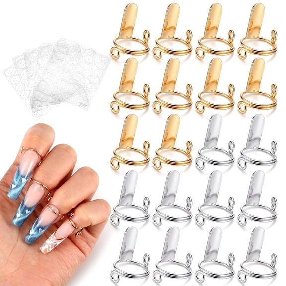 RAGUPEL 20 Pcs Wudu Nail Rings Set with 120 Adhesive Tabs,Adjustable Metal Fingernail Rings for Press on Nails and Nail Art Decoration,Nail Rings Gold and Silver