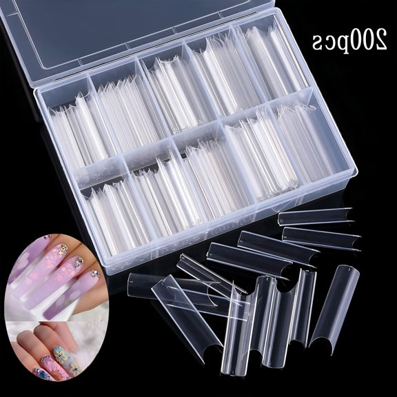 RAGUPEL 200 Pcs Extra Long Square False Nail Tips, Clear Half Cover Acrylic Gel Extensions with Box, Salon DIY Manicure