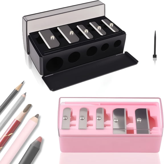 RAGUPEL 2026 New 2 Pcs 5 Hole Long Point Manual Makeup Pencil Sharpener with Plastic Lid, Suitable for Eyeliner, Lip Liner and Eyebrow Pencil, Sharpener for Makeup Pencils (Black+Pink)