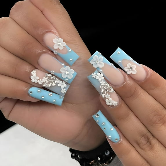 RAGUPEL 2026 New 24 Pcs Blue Nail Press Ons Long Press on Nails Spring Flower False Nails with 3D Butterfly Designs Pearl Rhinestone Glue on Nails Fake Nails Acrylic Artificial Nails Stick on Nails