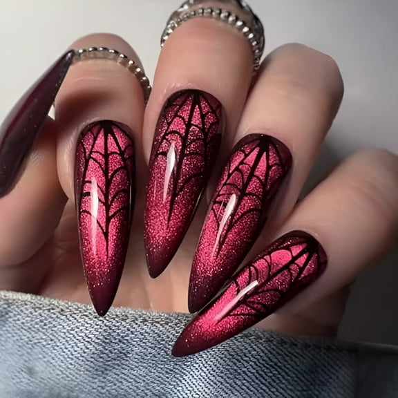 RAGUPEL 2026 New 24 Pcs Halloween Nails Long Press on Nails Almond Fake Nails Dark Red Sparkly False Nails with Spider Web Pattern Designs Full Cover Glossy Stick on Nails for Women Artificial Nails