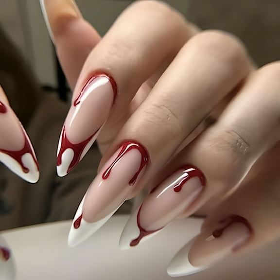 RAGUPEL 2026 New 24Pcs Halloween Long Press on Nails Pointed Fake Nails Press with Blood Drops Design Thanksgiving Decor False Nails Full Cover White French Nail Tips Fall Reusable for Women