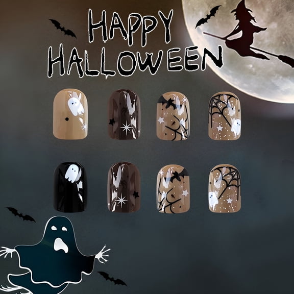 RAGUPEL 2026 New 24Pcs Halloween Press on Nails Cobweb Patterns with Eerie Bat Shadows Dark Theme Nails Art Accessories