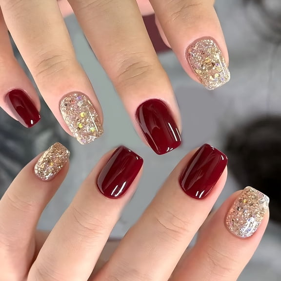 RAGUPEL 2026 New 24Piece Glossy Bordeaux Press on Nails Short Almond Shape for Winter Holiday Fake Nails Easy Application Holiday Press on Nails