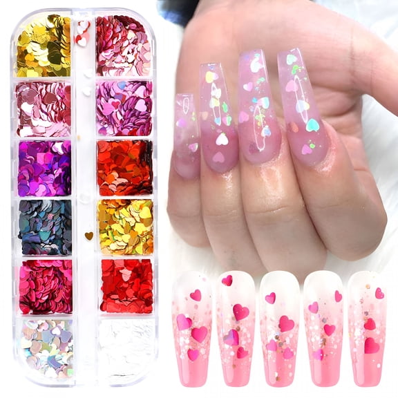 RAGUPEL 2026 New 3D Heart Nail Art Stickers Glitter Decals Love Nail Sequins Laser Heart Nail Supplies Sparkle Nail Flakes Mixed Size Colorful Shiny Design for Acrylic Nail Supplies Charms
