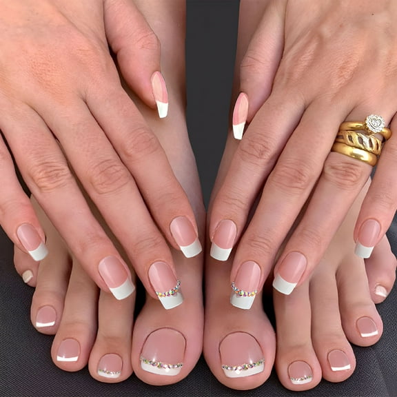RAGUPEL 2026 New 48Pcs Press on Nails Toenails French Nail Tips Rhinestone Medium Length False Nail Finger Toe Nails Glossy Acrylic Fake Nail with Designs