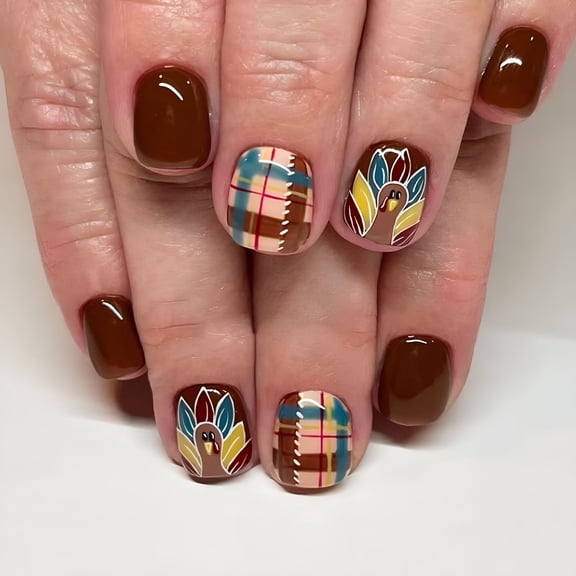 RAGUPEL 2026 New Checkered Turkey Design Short Square Press on Nails Abs Thanksgiving Party Fake Nails Lovely Nails for Wide Nail Beds