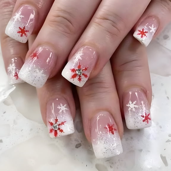 RAGUPEL 2026 New Christmas Press on Nail Square Fake Nail Glossy Winter Design False Nail Full Cover Artificial Acrylic Nail for Party, Holiday, Cosplay 24Pcs