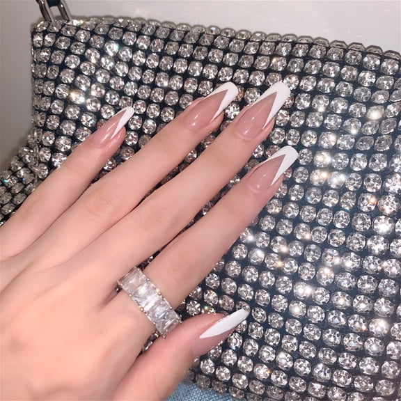 RAGUPEL 2026 New Extra Long Press on Nails White Ballerina Coffin Fake Nails with Flash Diamond Crystal Glossy Glue on Nails French Nail Tips for Women Girls Daily Wear Diy Manicure 24Pcs