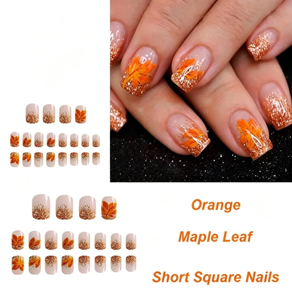 RAGUPEL 2026 New Fall Press on Nails Short Square False Nails Orange Glitter Designs Maple Leaf Fake Nails Glossy Sparkly Thanksgiving Acrylic Nails Full Cover Glue on Nails Autumn Manicure 24 Pcs