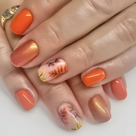 RAGUPEL 2026 New Fall Press on Nails Short Square Maple Leaves False Nails Fall Glitters French Tip on Nails Pumpkin Designs
