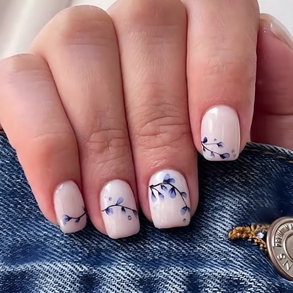 RAGUPEL 2026 New Floral Vines Press-On Nails - 24Pcs Short Rounded Square, Blue and White Porcelain Minimalist Design