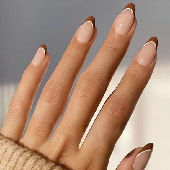RAGUPEL 2026 New French Tip Press on Nails Almond Fall Medium Fake Nails Brown Nail Tip Full Cover False Nails with Designs Autumn Winter Acrylic Press on Nails for Women