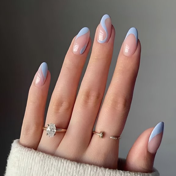 RAGUPEL 2026 New French Tip Press on Nails Medium Fake Nails with Swirls Design Blue Stick on Nails Almond Nails for Women, for Parties, Special Occasions, Daily Wear, Quick Nail Makeover