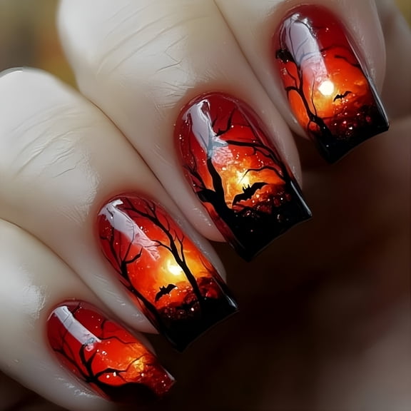 RAGUPEL 2026 New Halloween Fake Nails 24Pcs/Set Ghostly Cobweb Design Durability Press on Artificial Nails for Themed Parties for Halloween,Costume Party,Night Out