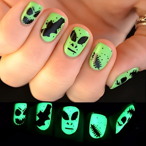RAGUPEL 2026 New Halloween Press on Nails Short Square Fake Nails with Ghost Face Designs Glow in the Dark Acrylic Nails Short Halloween Stick on Nails Scary Artificial Nails for Women 24Pcs