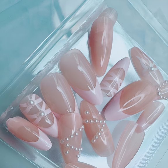 RAGUPEL 2026 New Light Pink French Tip Press on Nails Short Almond Fake Nails Glossy Full Cover Acrylic Nails Pearl Bow Cute Nails Gel Glue on Nails Nude Pink False Nails Stick on Nails 24Pcs