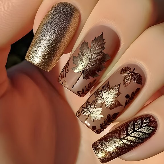 RAGUPEL 2026 New Medium Square Thanksgiving Press on Nail with Gold Glittering Leaf Designs Stick on Nail for Autumn and Winter 24Pcs