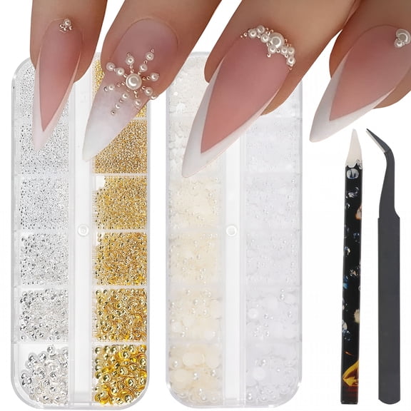RAGUPEL 2026 New Nail Gems Decorations - Mixed Sizes Gold & Silver Micro Beads, Flat Back 3D Rhinestone Pearls for Professional Salon & Diy Nail Art