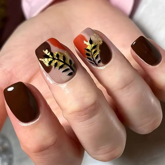 RAGUPEL 2026 New Nontoxic Press on Nails Manicure Gold Foil Glitters Design Fall Winter Color Pattern Reusable Artificial Nails Assorted Size