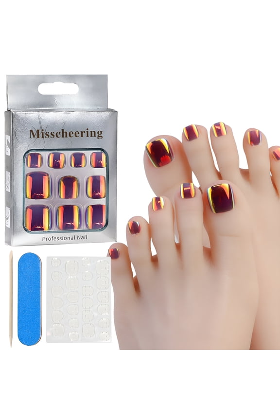 2026 New Ombre Red Toe Nails Short Press on Toenails Square Fake Toenails Full Cover Acrylic Toe Nails Summer Beach Toenail Natural Glossy Glue on Toenails for Women