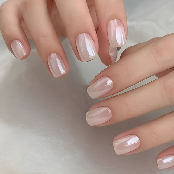 RAGUPEL 2026 New Press on Nails Extra Short Squoval,Spring Summer Handmade White Pearl Mermaid Chrome Gel Glue on Nails,24Pcs Glazed Donut Glossy Round Fake Nails Acrylic False Nails Kits for Women