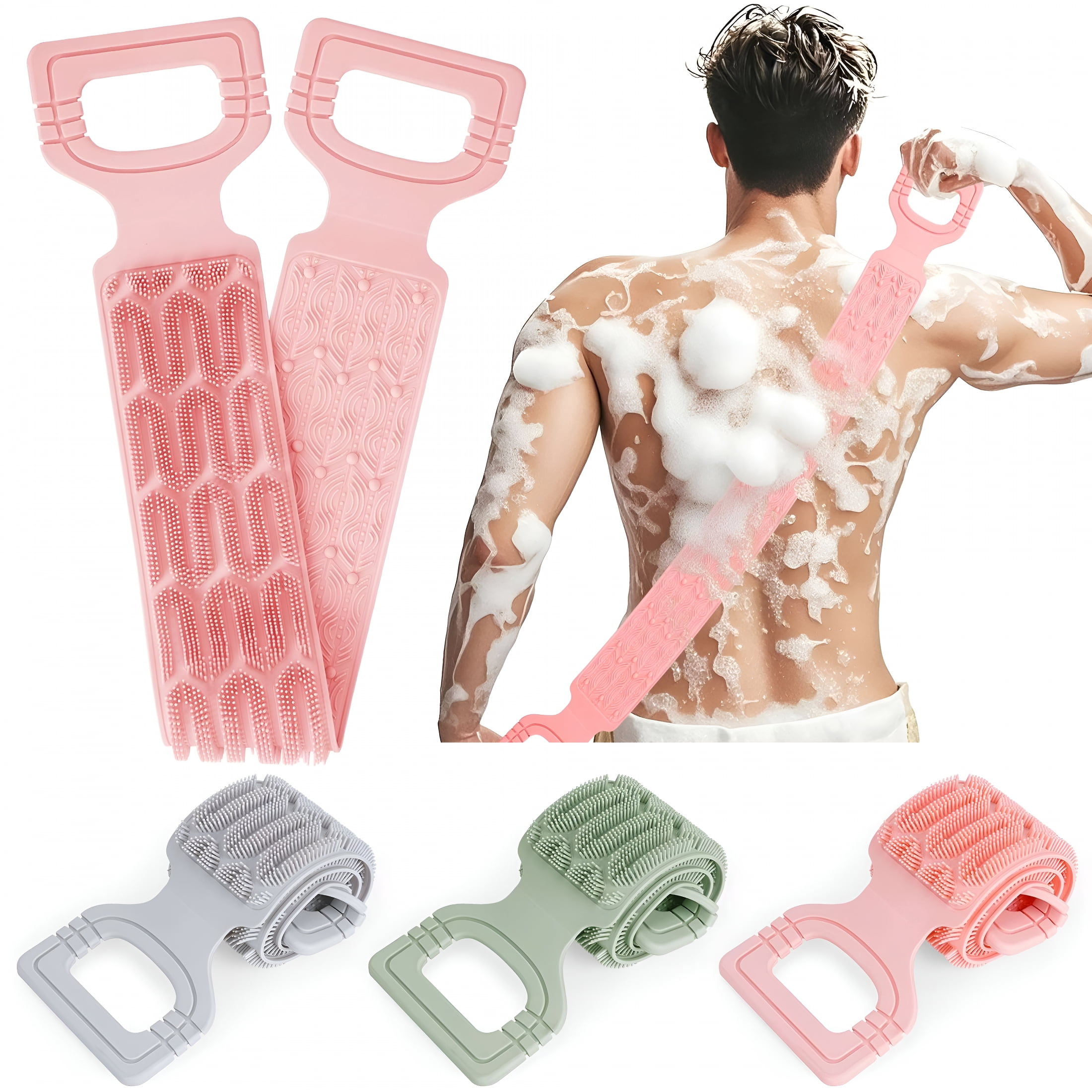 RAGUPEL 2026 New Silicone Back Scrubber for Shower, 27.6" Dual Sided Bath Body Scrub Shower Brush Washer Extra Long with Handle Exfoliating Back Scrubbers for Men&Women (Green)