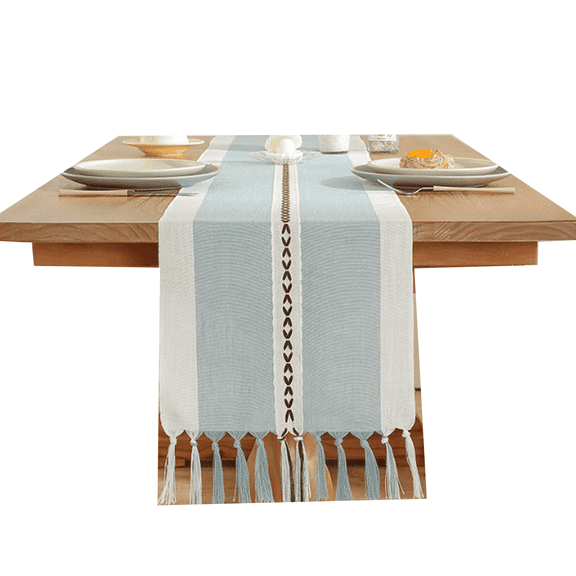 RAGUPEL 2026 New Table Runner Rustic Farmhouse Style Table Runner with Three Stripe Design Washable Boho Thick Burlap Linen for Dining Table Centerpiece Decor for Dining Room Kitchen Living Room Blue