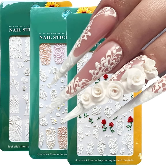 RAGUPEL 2026 New ValentineS Day Nail Art Stickers,5D Rose Flower Nail Decals Stereoscopic Embossed Nail Art Supplies Self Adhesive Rose Flowers Valentines Nail Stickers for Girls Acrylic Nails Decor