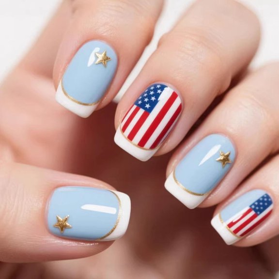 RAGUPEL 24 Pcs 4Th of July Press on Nails,Short Square Round Press on Nails,American Flag Fake Nails Red Blue Independence Day False Nails for Women,Stick on Nails Kit 12 Sizes