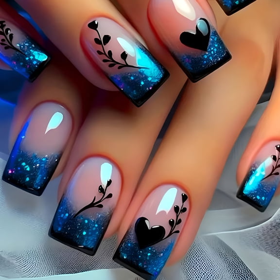 RAGUPEL 24 Pcs Blue Gradient French Tip Press on Nails Short Square Shaped False Nails Heart Love Pattern Designs Glitter Acrylic Fake Nails Full Cover Glossy Artificial Stick on Nail Women